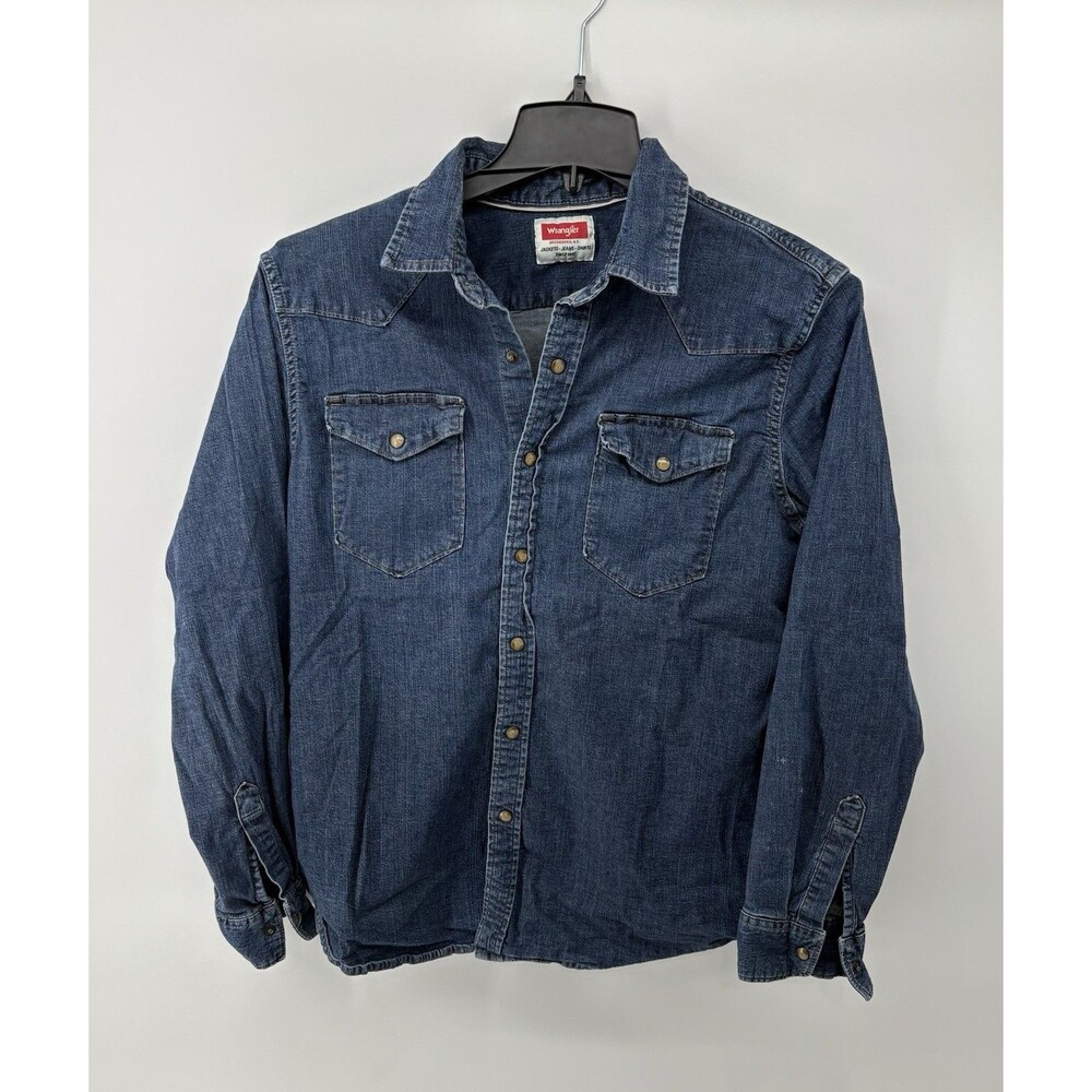 Wrangler Shirt Mens L Blue Denim Long Sleeve Pearl Snap Western Regular Fit